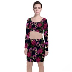 Lazy Cat Floral Pattern Black Long Sleeve Crop Top & Bodycon Skirt Set by snowwhitegirl