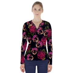 Lazy Cat Floral Pattern Black V-neck Long Sleeve Top by snowwhitegirl