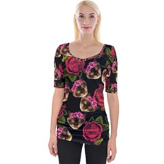 Lazy Cat Floral Pattern Black Wide Neckline Tee