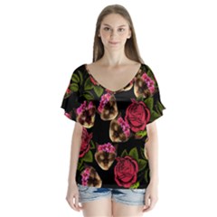 Lazy Cat Floral Pattern Black V-neck Flutter Sleeve Top