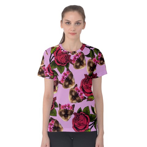 Lazy Cat Floral Pattern Pink Women s Cotton Tee by snowwhitegirl