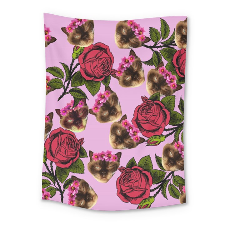 Lazy Cat Floral Pattern Pink Medium Tapestry