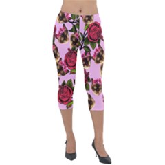 Lazy Cat Floral Pattern Pink Lightweight Velour Capri Leggings  by snowwhitegirl