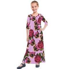 Lazy Cat Floral Pattern Pink Kids  Quarter Sleeve Maxi Dress by snowwhitegirl