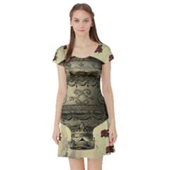 Vintage Air Balloon With Roses Short Sleeve Skater Dress