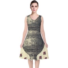 Vintage Air Balloon With Roses V-Neck Midi Sleeveless Dress 