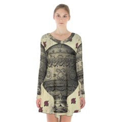 Vintage Air Balloon With Roses Long Sleeve Velvet V-neck Dress