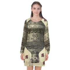 Vintage Air Balloon With Roses Long Sleeve Chiffon Shift Dress 