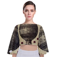 Vintage Air Balloon With Roses Tie Back Butterfly Sleeve Chiffon Top