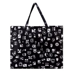 White On Black Abstract Symbols Zipper Large Tote Bag by FunnyCow