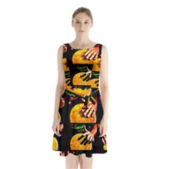 Drum Beat Collage Sleeveless Waist Tie Chiffon Dress