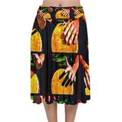 Drum Beat Collage Velvet Flared Midi Skirt by FunnyCow