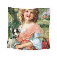 Girl With Dog Square Tapestry (small) by vintage2030