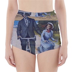 Couple On Bicycle High-Waisted Bikini Bottoms