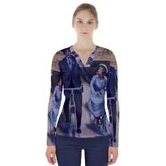 Couple On Bicycle V-Neck Long Sleeve Top