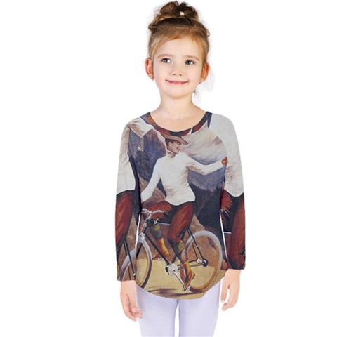 Woman On Bicycle Kids  Long Sleeve Tee by vintage2030