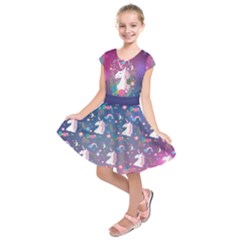 Purple & Steel Blue Princess Unicorn Party Kids  Short Sleeve Dress by PattyVilleDesigns