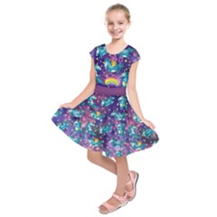 Purple & Dark Teal Cute Unicorn Print Kids  Short Sleeve Dress by PattyVilleDesigns