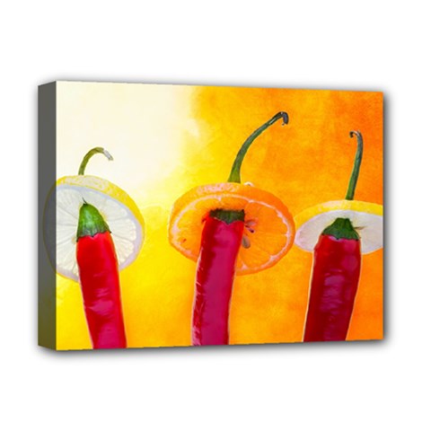 Three Red Chili Peppers Deluxe Canvas 16  X 12  (stretched)  by FunnyCow