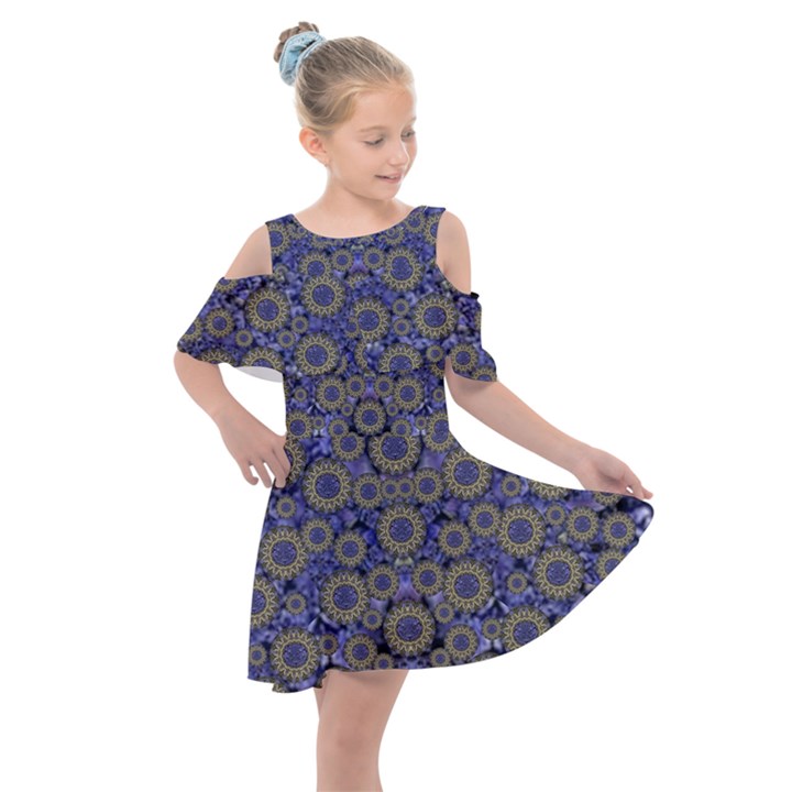 Blue Small Wonderful Floral In Mandalas Kids  Shoulder Cutout Chiffon Dress