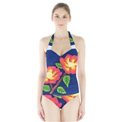 Sunset Flowers Halter Swimsuit by lwdstudio