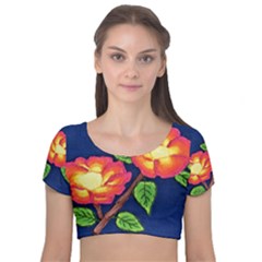 Sunset Flowers Velvet Short Sleeve Crop Top 