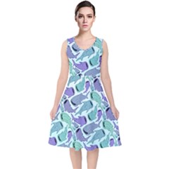 Whale Sharks V-neck Midi Sleeveless Dress  by mbendigo