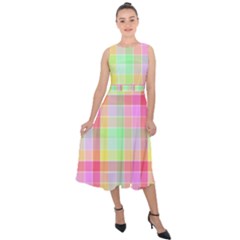 Pastel Rainbow Sorbet Ice Cream Check Plaid Midi Tie-Back Chiffon Dress