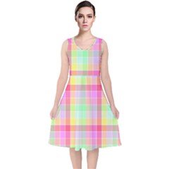 Pastel Rainbow Sorbet Ice Cream Check Plaid V-Neck Midi Sleeveless Dress 