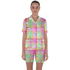 Pastel Rainbow Sorbet Ice Cream Check Plaid Satin Short Sleeve Pyjamas Set