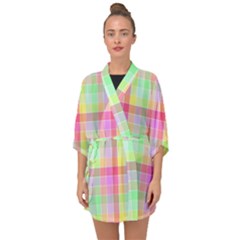 Pastel Rainbow Sorbet Ice Cream Check Plaid Half Sleeve Chiffon Kimono