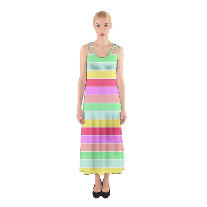 Pastel Rainbow Sorbet Horizontal Deck Chair Stripes Sleeveless Maxi Dress