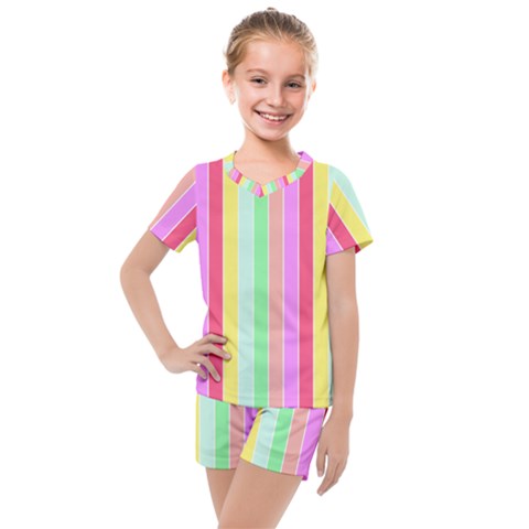 Pastel Rainbow Sorbet Deck Chair Stripes Kids  Mesh Tee And Shorts Set by PodArtist