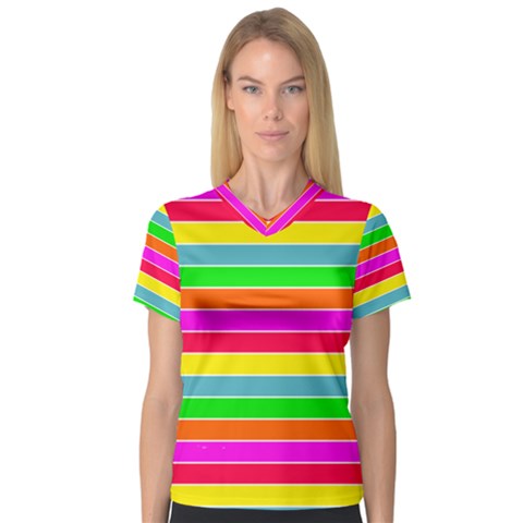 Neon Hawaiian Rainbow Horizontal Deck Chair Stripes V-neck Sport Mesh Tee by PodArtist