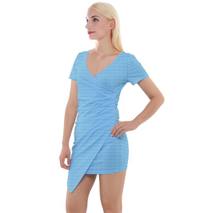 Oktoberfest Bavarian Blue Mini Houndstooth Check Short Sleeve Asymmetric Mini Dress