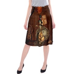 Funny Steampunk Skeleton, Clocks And Gears Midi Beach Skirt by FantasyWorld7