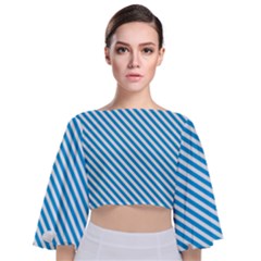 Oktoberfest Bavarian Blue And White Small Candy Cane Stripes Tie Back Butterfly Sleeve Chiffon Top