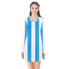 Oktoberfest Bavarian Blue And White Large Cabana Stripes Long Sleeve V-neck Flare Dress by PodArtist