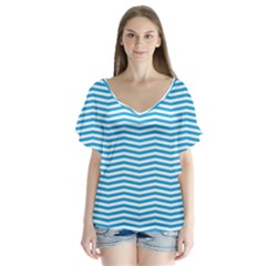 Oktoberfest Bavarian Blue And White Chevron Stripes V-neck Flutter Sleeve Top by PodArtist