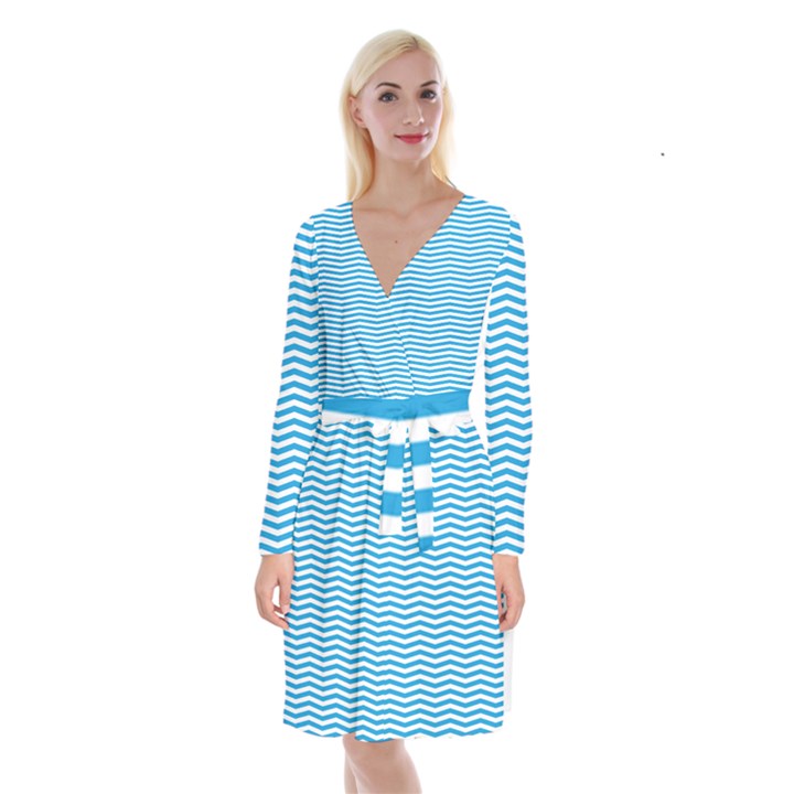 Oktoberfest Bavarian Blue and White Chevron Stripes Long Sleeve Velvet Front Wrap Dress