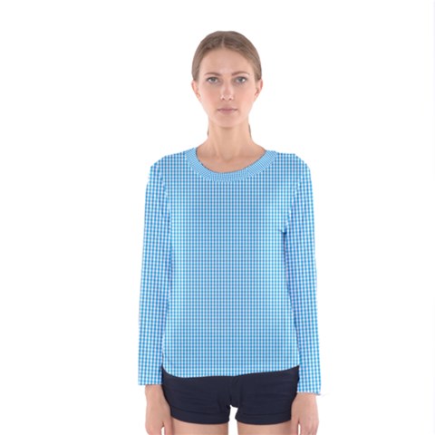 Oktoberfest Bavarian Blue And White Small Gingham Check Women s Long Sleeve Tee by PodArtist