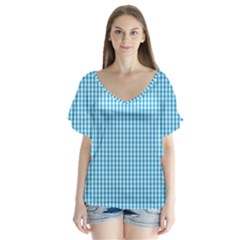 Oktoberfest Bavarian Blue And White Gingham Check V-neck Flutter Sleeve Top by PodArtist