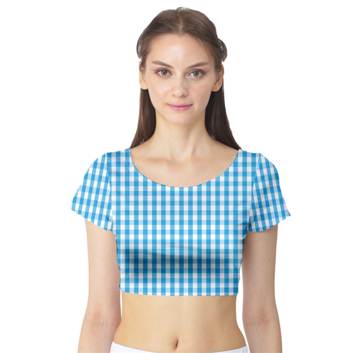 Oktoberfest Bavarian Blue and White Large Gingham Check Short Sleeve Crop Top