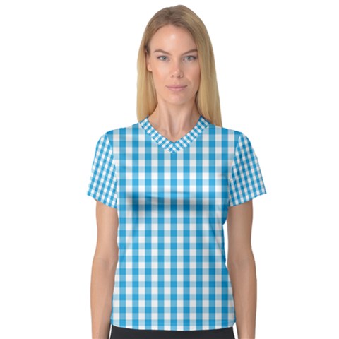 Oktoberfest Bavarian Blue And White Large Gingham Check V-neck Sport Mesh Tee by PodArtist