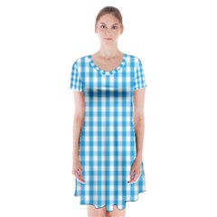 Oktoberfest Bavarian Blue And White Large Gingham Check Short Sleeve V-neck Flare Dress by PodArtist