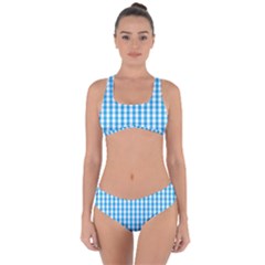 Oktoberfest Bavarian Blue And White Large Gingham Check Criss Cross Bikini Set by PodArtist