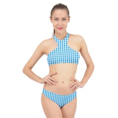 Oktoberfest Bavarian Blue And White Large Gingham Check High Neck Bikini Set by PodArtist