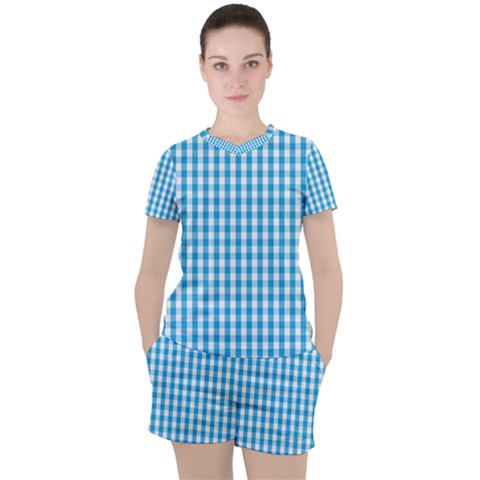 Oktoberfest Bavarian Blue And White Large Gingham Check Women s Tee And Shorts Set by PodArtist