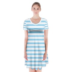 Oktoberfest Bavarian Blue And White Large Mattress Ticking Stripes Short Sleeve V-neck Flare Dress by PodArtist