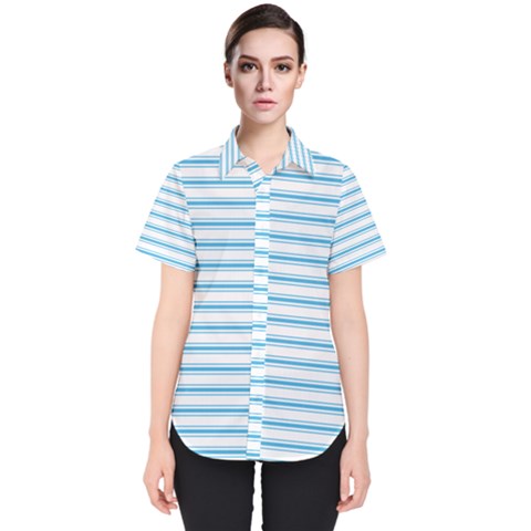 Oktoberfest Bavarian Blue And White Large Mattress Ticking Stripes Women s Short Sleeve Shirt by PodArtist